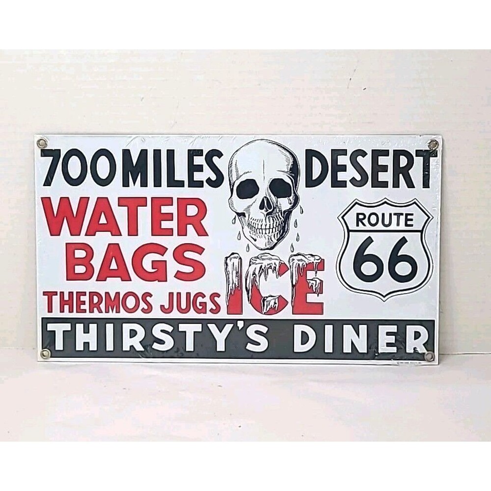 Vintage Porcelain Ande Rooney Metal Thirsty's Diner Route 66 Skull Sign 12.5x7